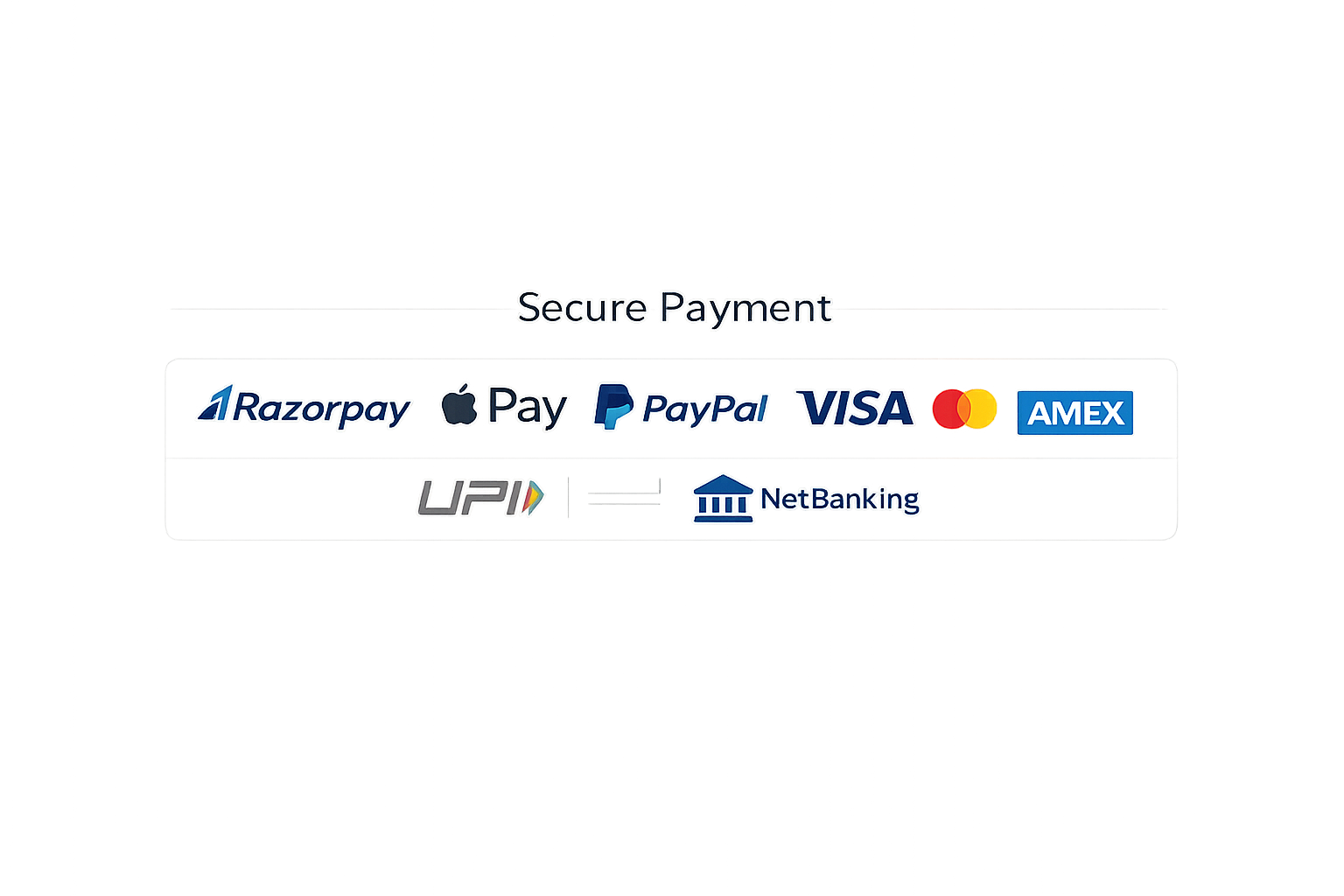 Secure payment options: Razorpay, Apple Pay, PayPal, Visa, Mastercard, Amex, UPI, NetBanking